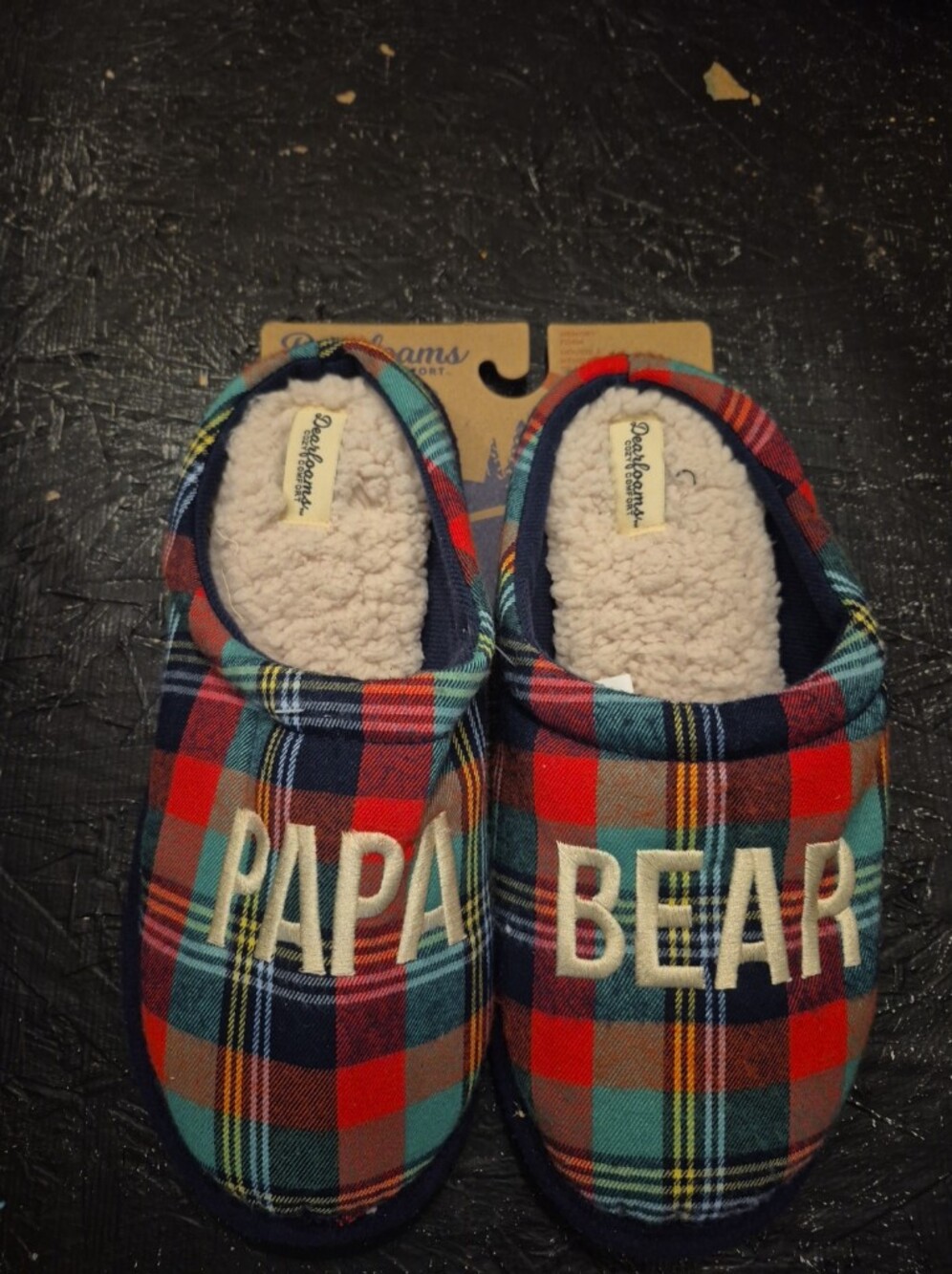 Dearfoams Men's Memory Foam PAPA BEAR Green & Red Plaid Slippers Christmas NEW